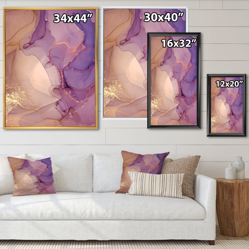 Nuage d'encre de marbre mauve et jaune - peinture sur toile, H 40 po x l 30 po x P 1,5 po, Cadre flottant noir