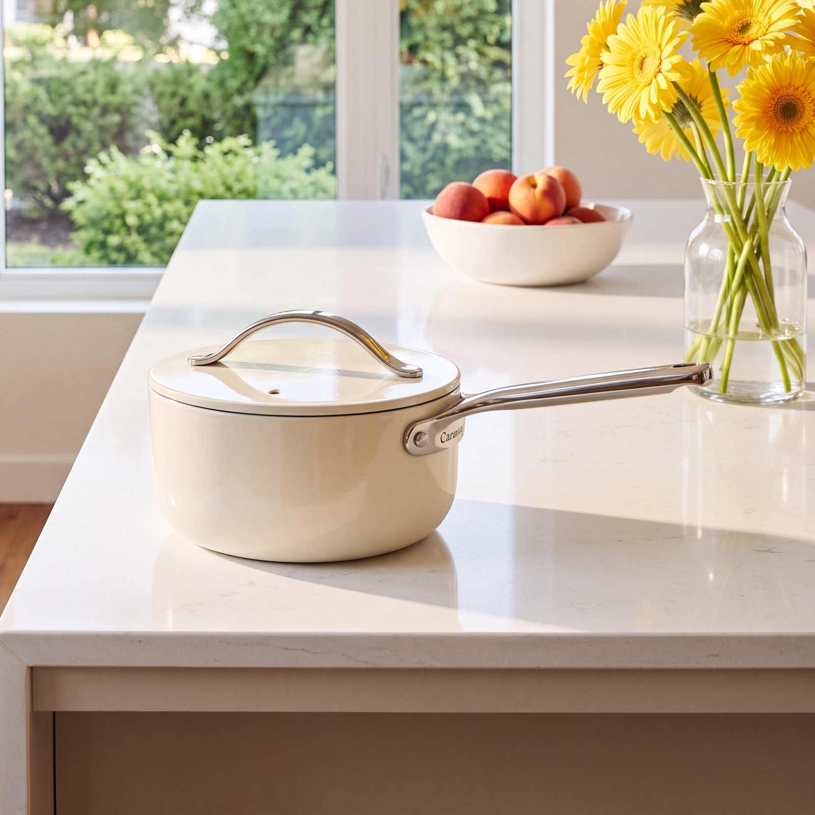 Caraway Non-Stick Ceramic Saucepan, Cream, 3 quarts