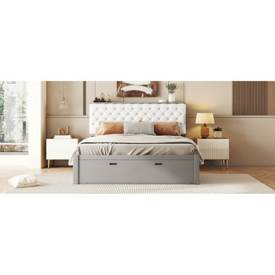Lit en bois avec plateau de rangement et tiroirs
