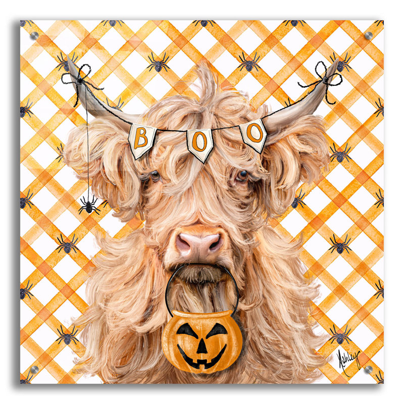 «Halloween Highland Cow» par Ashley Bradley, art mural en verre acrylique, H 24 po x l 24 po x P 0,2 po