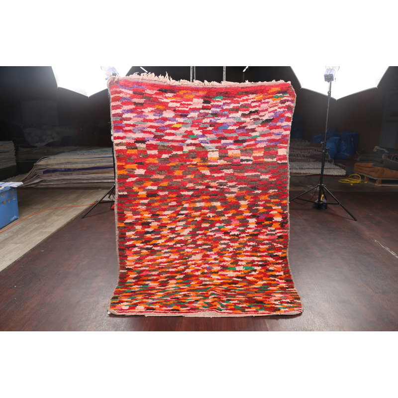 Tapis décoratif en laine rouge/orange noué à la main des années 1960 de conception unique 4 pi 6 po x 6 pi 5 po