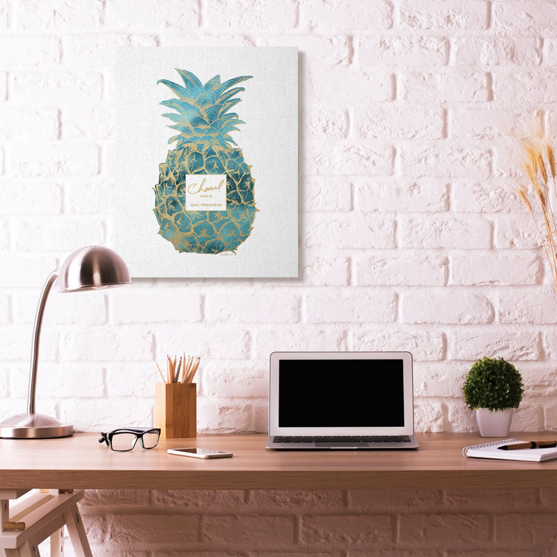 «Fashion Designer Pineapple Blue Gold», art textuel, Toile tendue, H 40 po x l 30 po