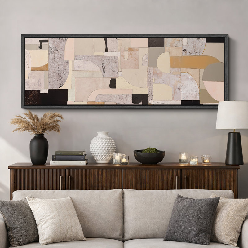 Collage architectural abstrait de style Mid-Century, H 20 po x l 60 po, Noir, noir, noir, noir