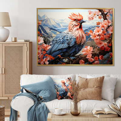 " Rooster Sitting At Pink Flower Tree Branch "