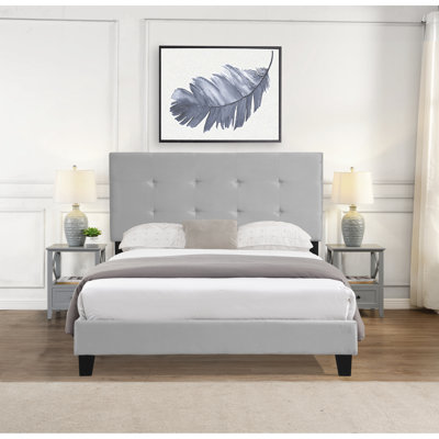 Structure de lit plateforme tapissier en taille double, gris avec tête de lit, support à lattes de bois, sommier, assemblage facile, pas de sommier tapissier, taille limite de poids de 600 lb, ressort stable requis, 77,9 po