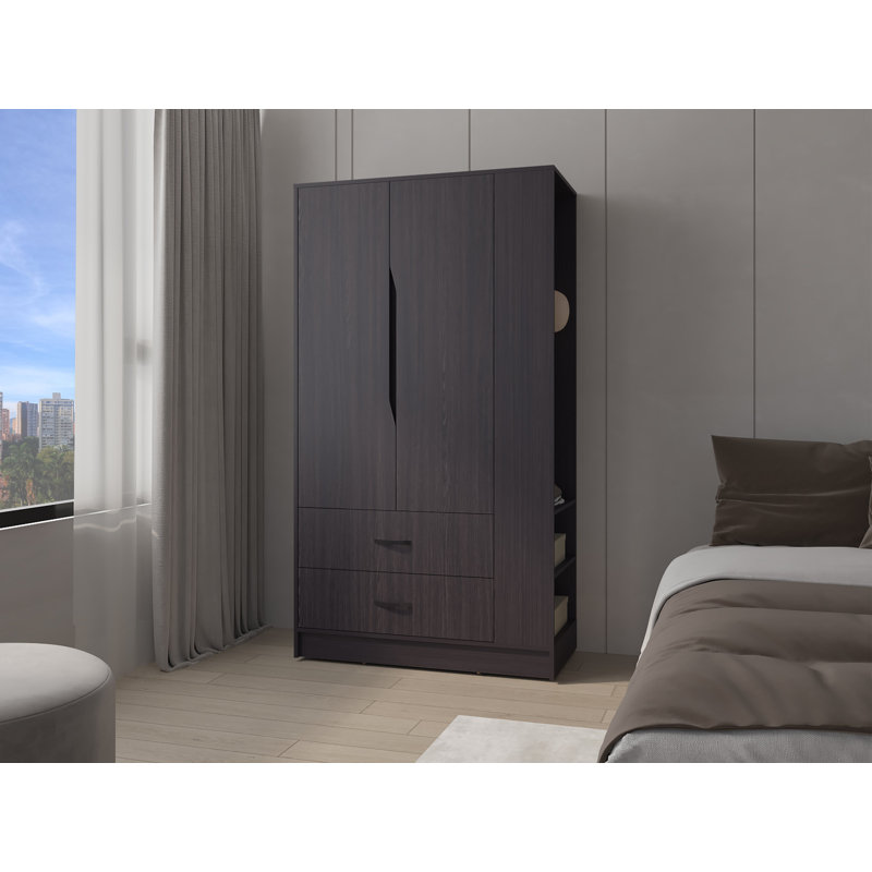 Garde-robe Sehili, 3 portes, 1 tiroir, tablettes latérales, tringles suspendues, design contemporain, wengé