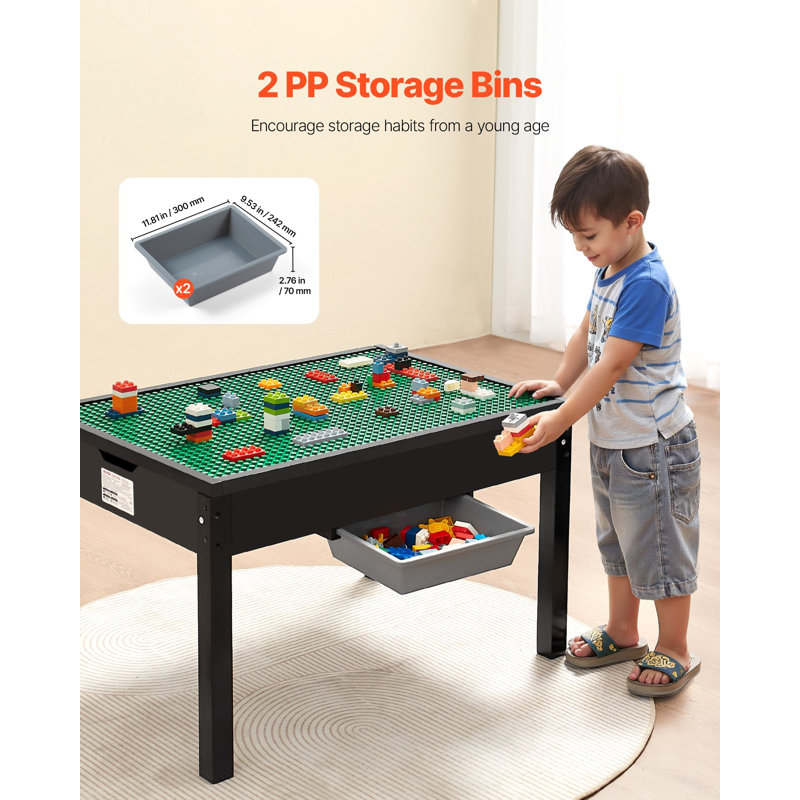 Table d'activités en bois pour enfants, plateau de table double face blocs de construction, table de jeu polyvalente avec 2 bacs de rangement pour enfants de 3 ans et plus, grand espace de rangement, cadeau pour garçons et filles, noir