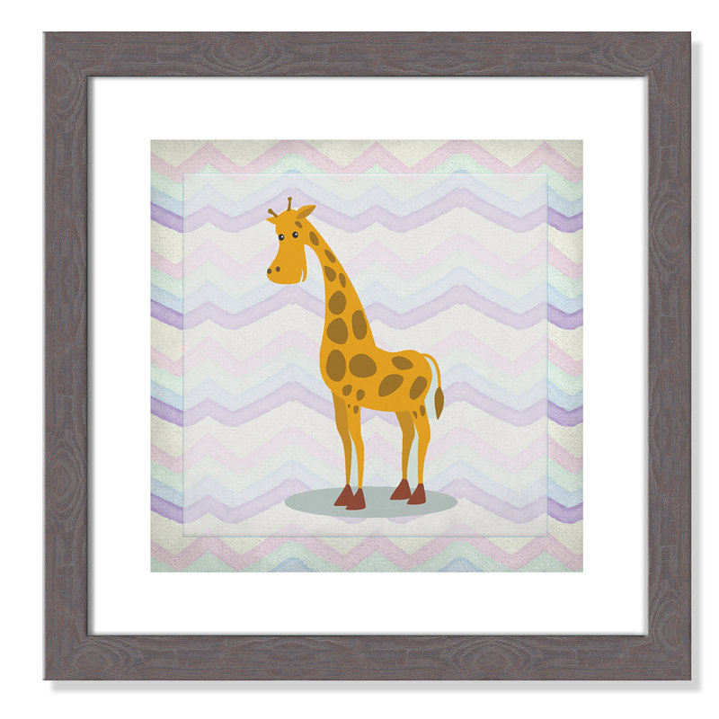 Décalcomanie murale «Pink Giraffe Time», Encadré plat à grain de bois gris, H 8 po x l 8 po x P 0,6 po