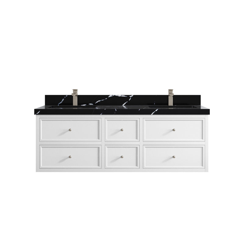 Meuble-lavabo double flottant 60 po avec dessus Roswell, Noir Calacatta