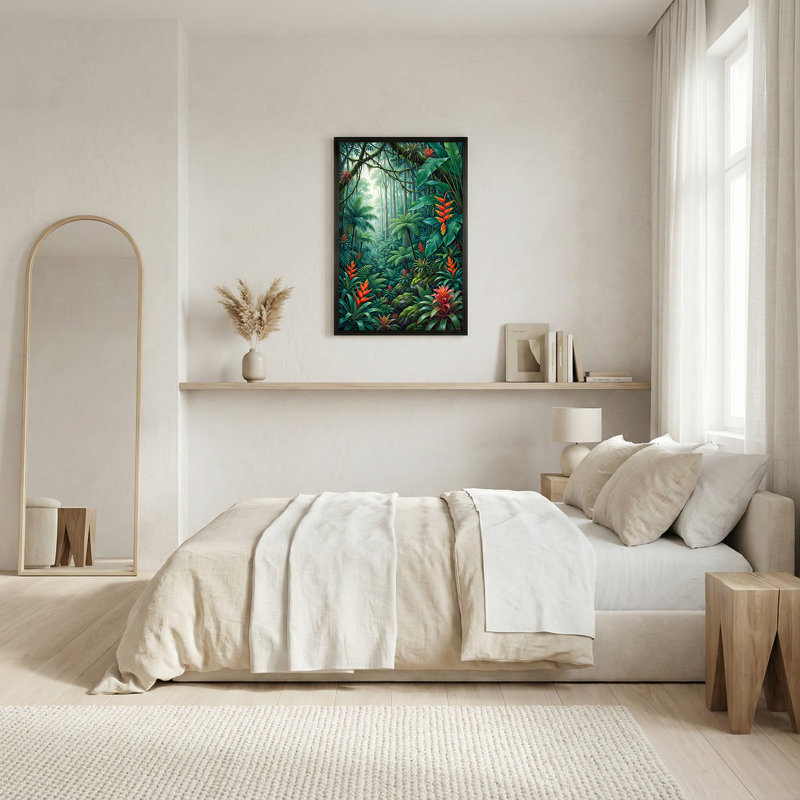 Art mural sur toile dense forêt tropicale avec fleurs orange et fougères vertes, H 24 po x l 16 po