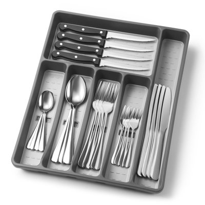 Ensemble de couverts 24 pièces en acier inoxydable avec plateau de rangement, robuste, lavable au lave-vaisselle, de conception moderne, comprenant un organisateur à 6 compartiments pour un rangement facile