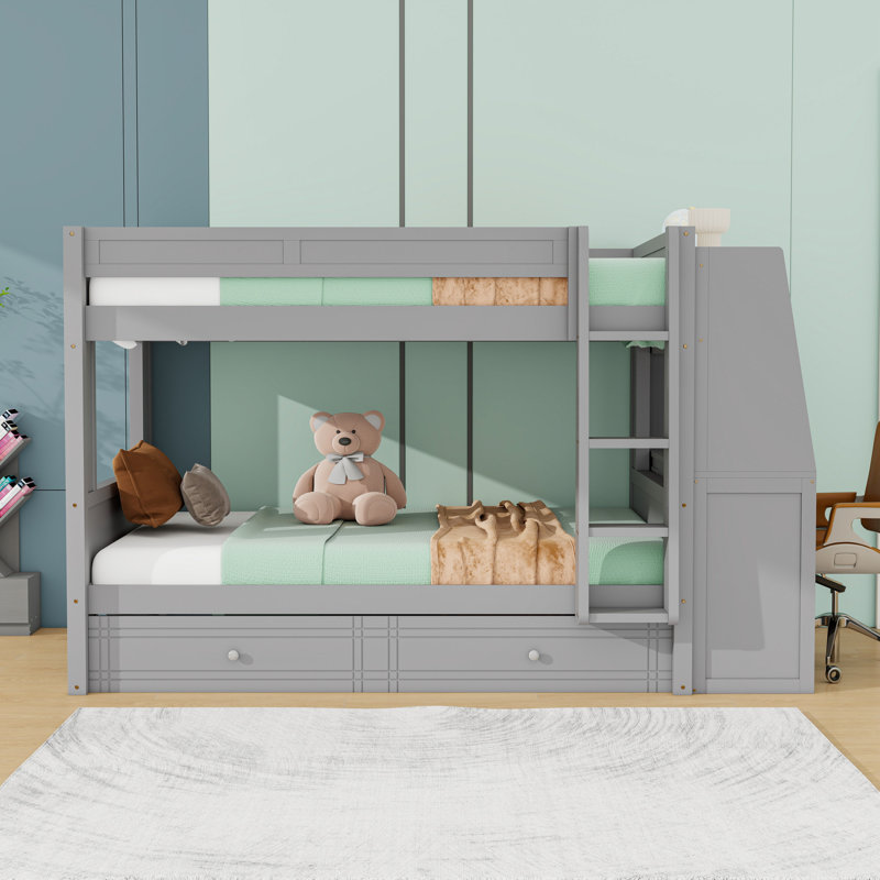 Lit superposé double en bois avec lit gigogne simple, bureau intégré, armoire et tablettes, gris