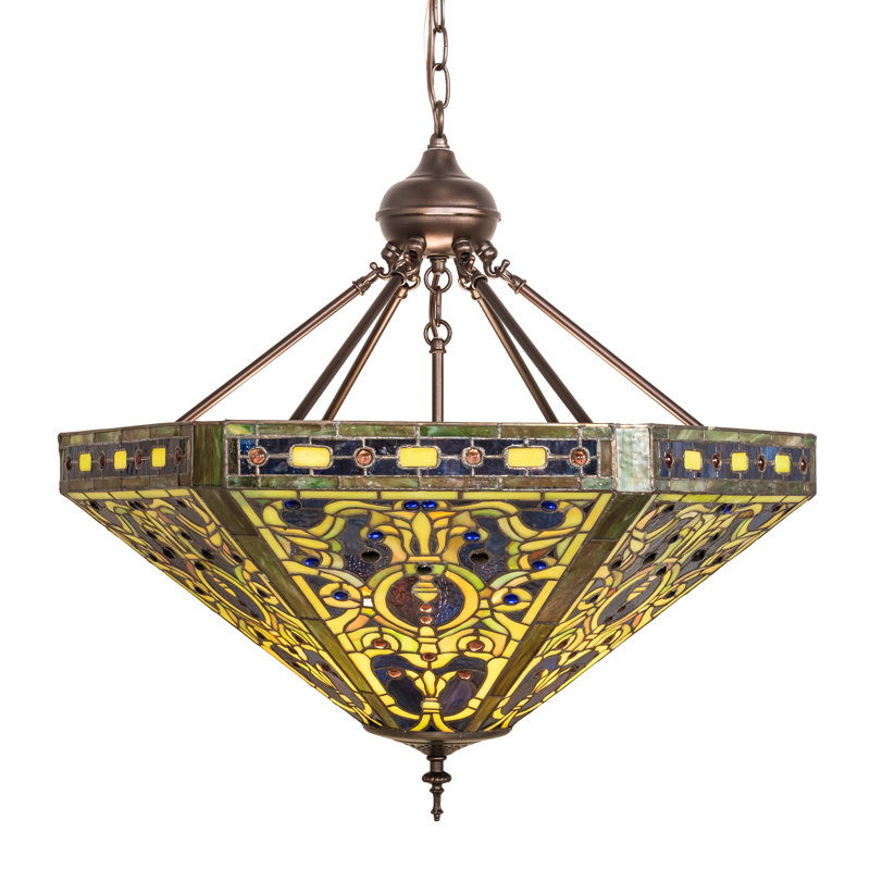 Luminaire suspendu géométrique unique / remarquable à 3 lumières élisabéthaines Tiffany