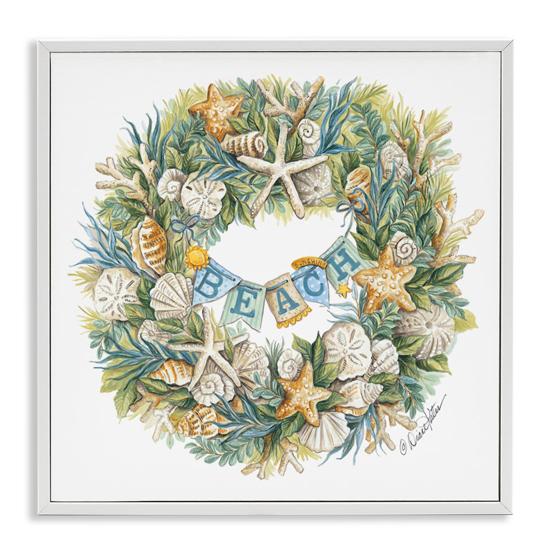 Holiday Beach Seashell Wreathe Nautical Christmas, H 17 po x l 17 po, Giclée encadrée blanc bord de mer