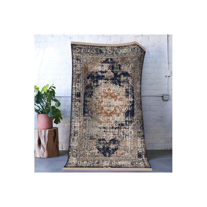 Tapis décoratif bleu marine à motif traditionnel motif lavable à la machine