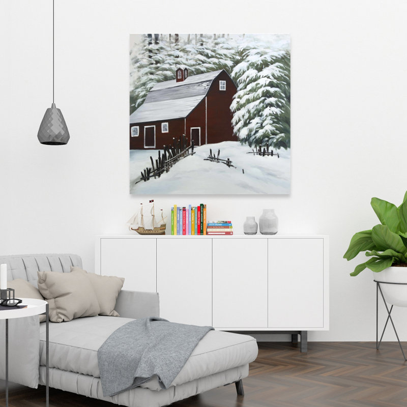 Grange rouge dans la neige - Toile du salon Arbres | Art de la décoration intérieure