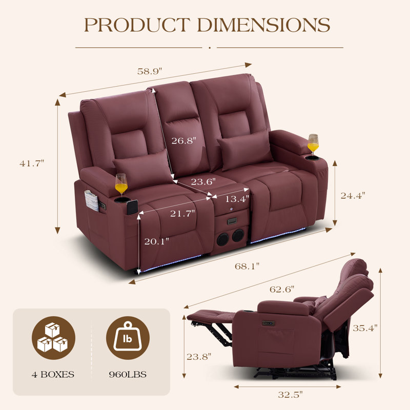 Causeuse inclinable électrique Zero Wall Hugger avec console rabattable, lumières DEL et haut-parleurs Bluetooth, Rouge