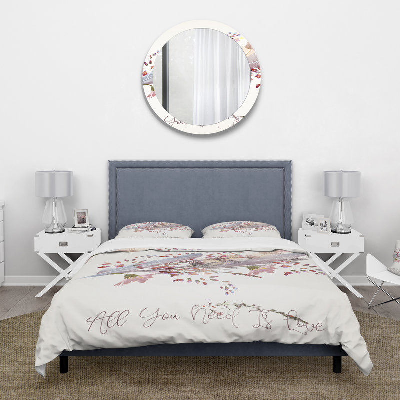 Ensemble de housse de couette bohémien - plumes roses et oiseaux All You Need Is Love - polyester en microfibre