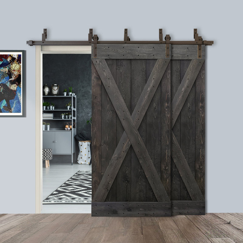 Porte de grange double à panneaux en bois teinté à panneau avec ensemble de quincaillerie coulissante, Noir anthracite