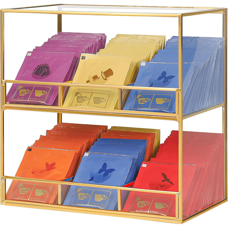 Glass Tea Bag Organizer for Counter, 2-Tier Teabag Organizer Storage Holder for Tea Bags, Glass Caddy Box Containers, 2-Tier, Gold