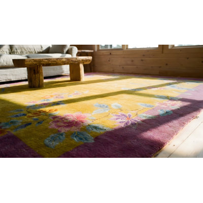 Antique Chinese Art Deco Room Size Wool Yellow Rug