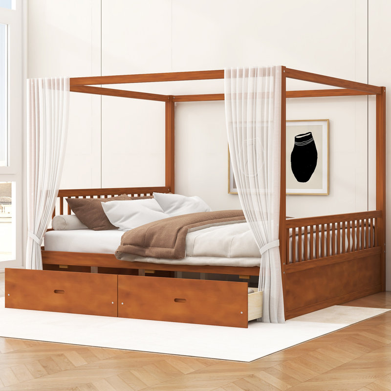 Wooden Canopy Bed With Storage Drawers, Walnut, King