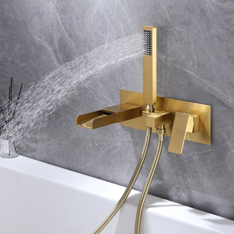  7" Wall Mounted Waterfall Tub Filler, Solid Brass Bathroom Tub Faucet with Hand Shower, Brushed Gold