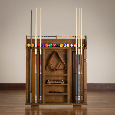 American Heritage Providence Cue Rack - Solid Wood with 12-Cue Capacity, Ball & Rack Holders, Built-In Storage, Sable Finish