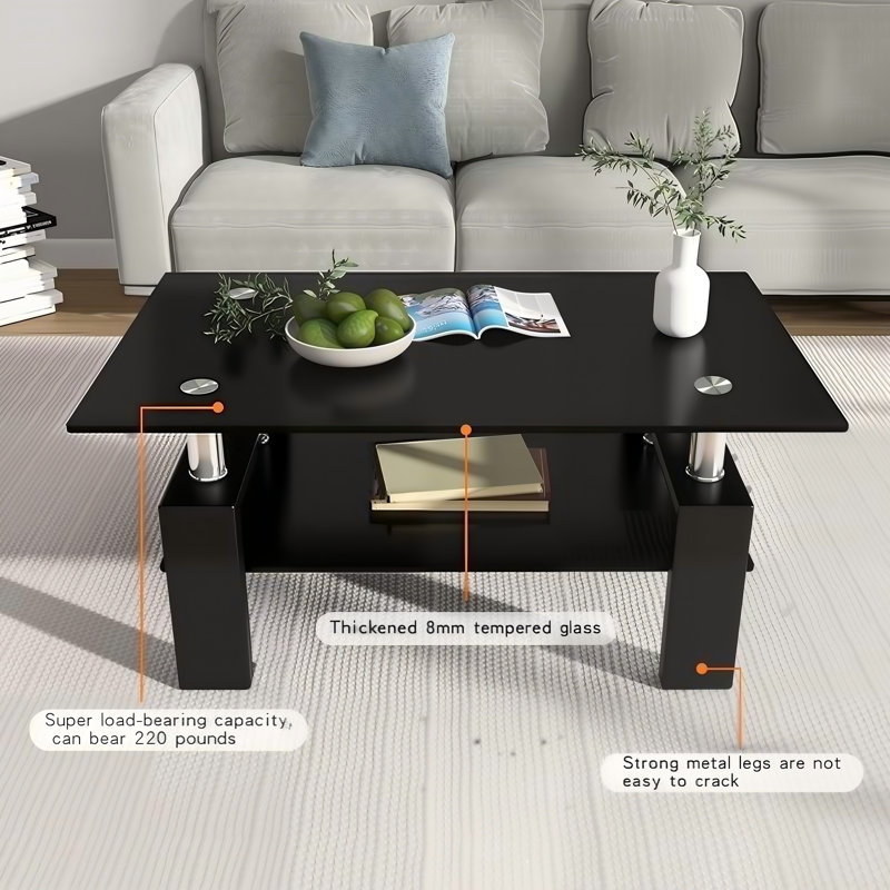 Nansi Glass Coffee Table, Living Room Table and Center table with 2-Tier Storage Shelves, Modern Design with Metal Legs