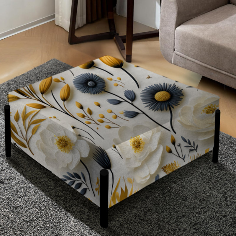 Blanc élégant scandinave à motif floral - Grand repose-pieds carré floral