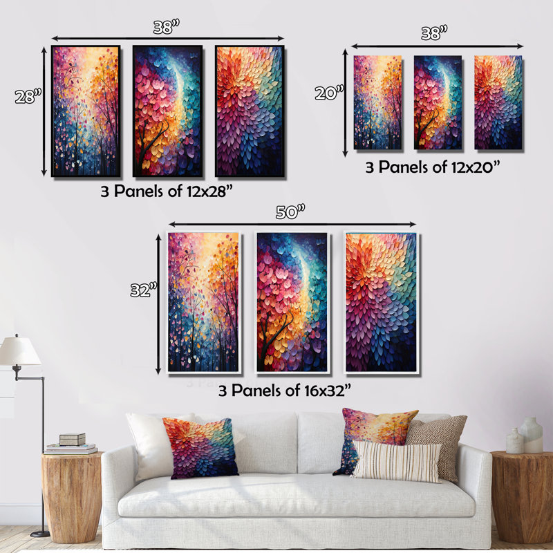 «Colorful Forest Harmoney Forest», 3 pièces sur toile, Cadre naturel flottant, H 20 po x l 36 po