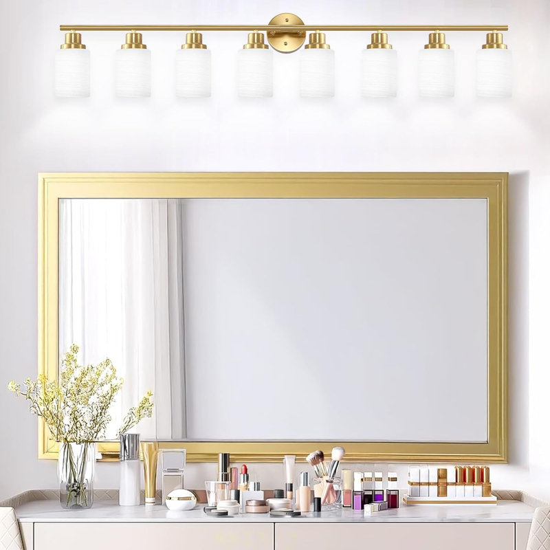 Luminaire de miroir de salle de bain 8 lumières, verre givré blanc cuivre, Cuivre, 8