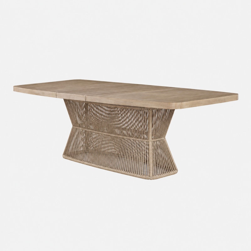 Marielle Rope Pedestal Dining Table – Extendable to 98", Toffee Finish, American Red Oak, Natural Rope Base