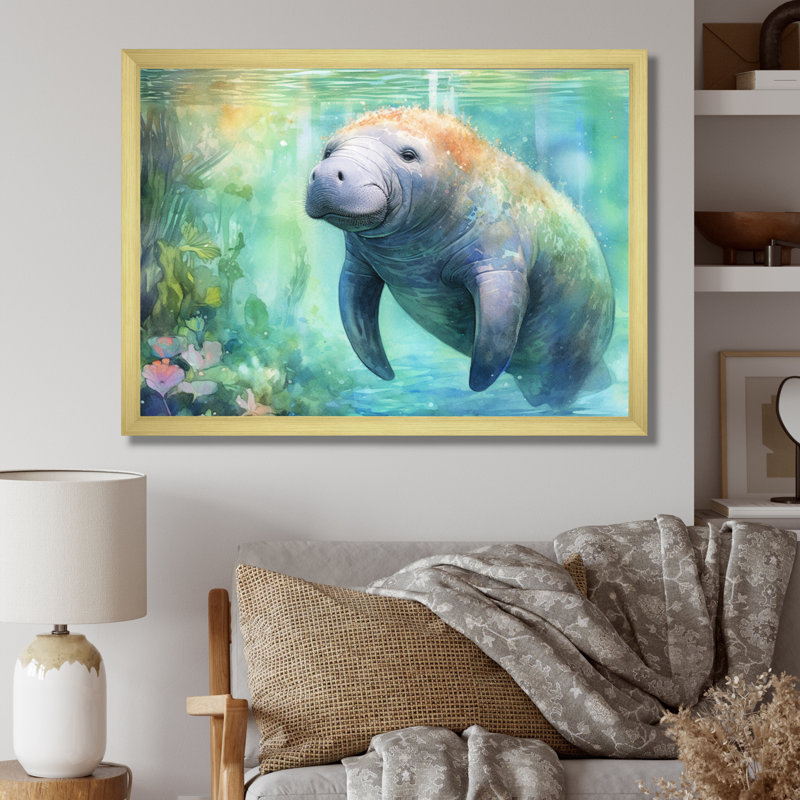 Gentle Manatee II - Art mural de lamantin pour le salon, H 24 po x l 32 po x P 1 po, Cadre doré à une seule photo