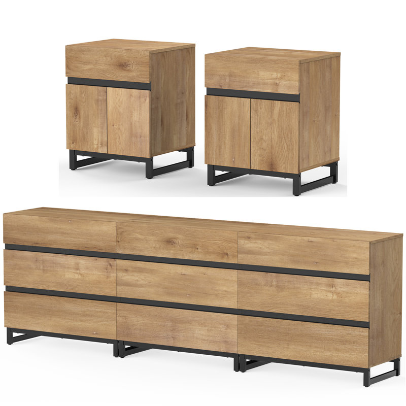 Ensemble 3 pièces de commode et table de chevet, commode 94,5 pouces avec 9 tiroirs, 2 table de chevet avec tiroir et armoire pour chambre à coucher, ensemble de mobilier de chambre à coucher