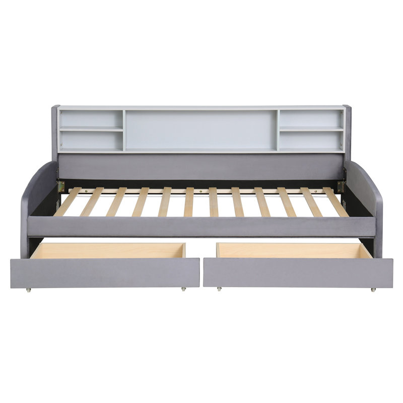Structure de lit plateforme tapissier simple avec tiroirs de rangement, mobilier de chambre moderne à faible encombrement, gris
