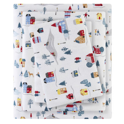 Full Printed 4 Pcs Sheet In White Village Pattern, 100% Cotton Flannel, Ultra - Soft Touch, Has Flat Sheet, Fitted And Pillowcases, Easy To Machine Wash, With Print Design, Cozy Handfeel, Includes