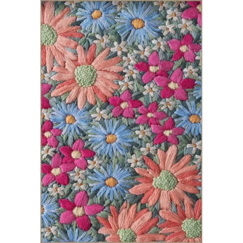 Tapis tissé à motif floral rouge, bleu et rose, Rectangle 4 pi x 8 pi 3 po