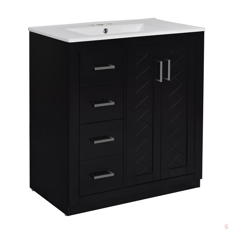 Ensemble de meuble-lavabo 30 po avec lavabo en céramique, armoire de rangement en bois massif, ensemble de meuble-lavabo autoportant avec 3 tiroirs et portes à fermeture douce