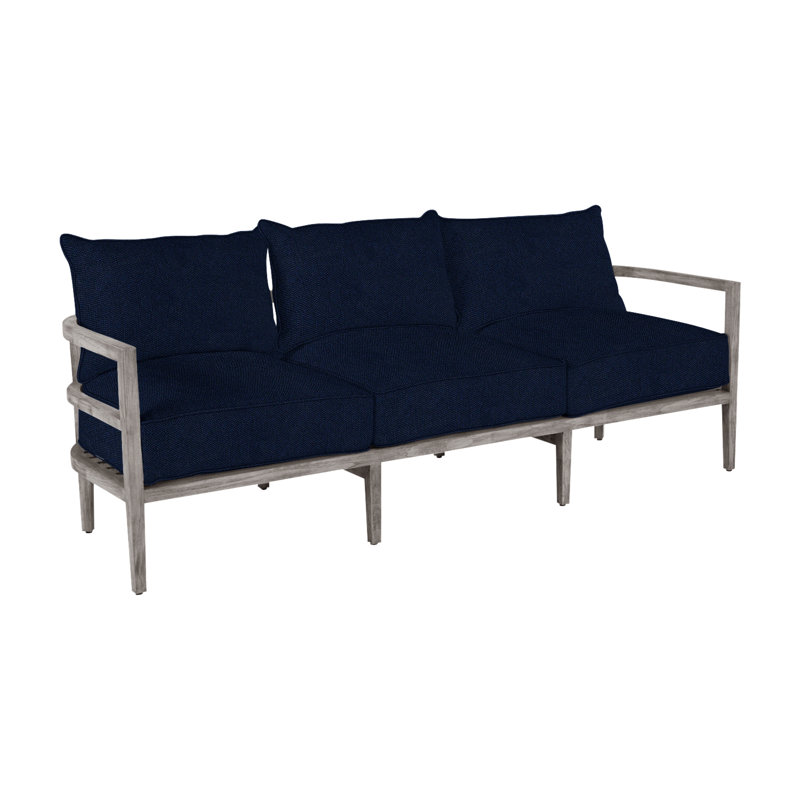 Santa Barbara 87" Wide Outdoor Teak Patio Sofa with Cushions, Welt, Canvas Sand, Natural Teak
