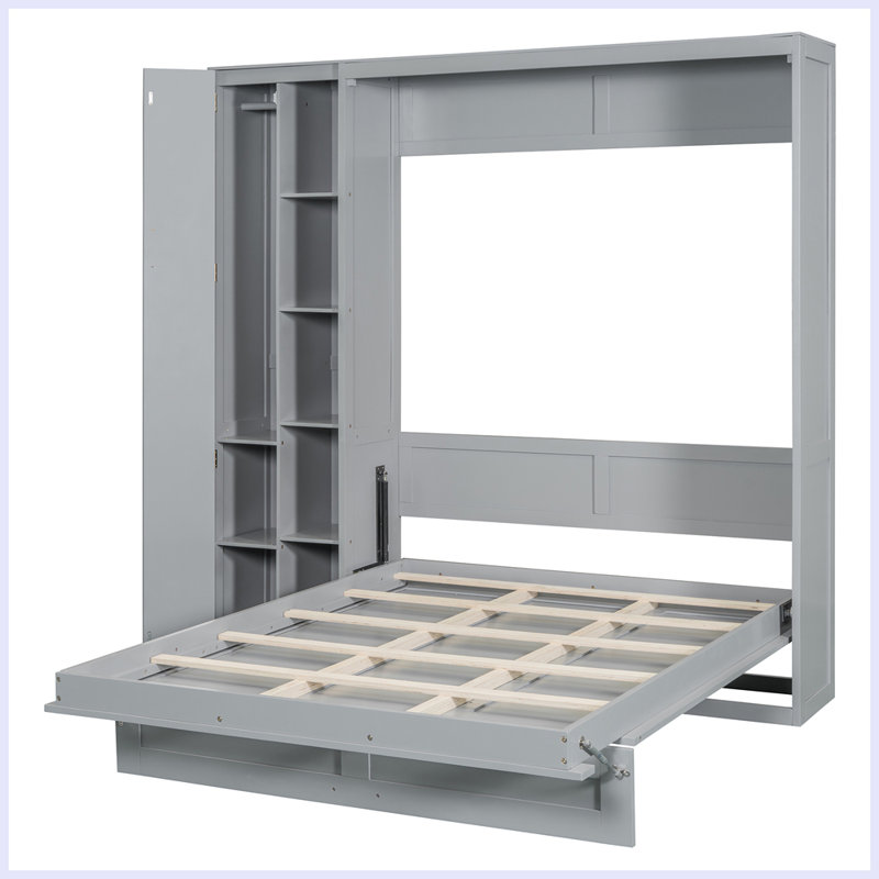 Lit escamotable moderne avec tablettes murales, Gris, Complète