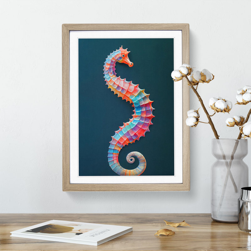 Seahorse In Colour No.4 - Single Picture Frame Painting, 64cm H x 46cm W x 2cm D, Oak Framed