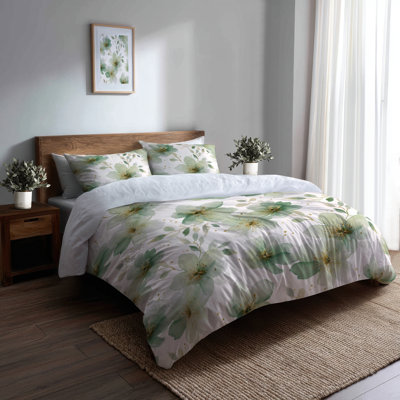 Floral Bedding Set 3 Pcs - Country Farmhouse Green Whisper Duvet Cover Set