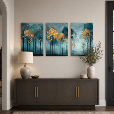Ensemble de 3 tableaux sur toile « Forêt brumeuse » pour la décoration du salon et de la chambre.
