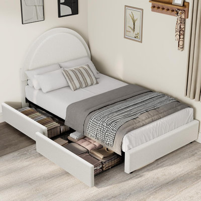 Cadre de lit plateforme simple avec tiroirs de rangement, tête de lit ronde, robuste, blanc