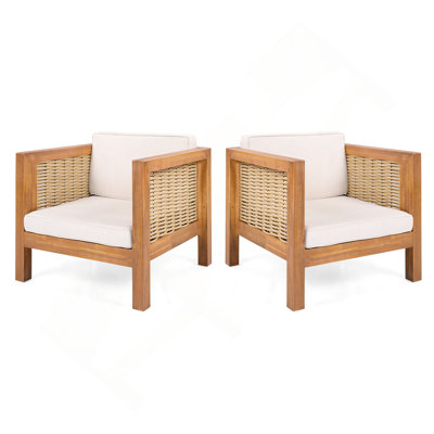 Ensemble de 2 fauteuils club d'extérieur, structure en bois d'acacia avec accoudoirs en osier et coussins beiges, capacité de 400 lb