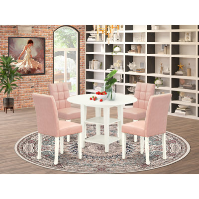 5 Piece Mid-Century Dining Table Set contain A Dinner Table and 4 Beige Red Polyester Fabric Parson Kitchen Chairs with Stylish Back- Linen White Finish