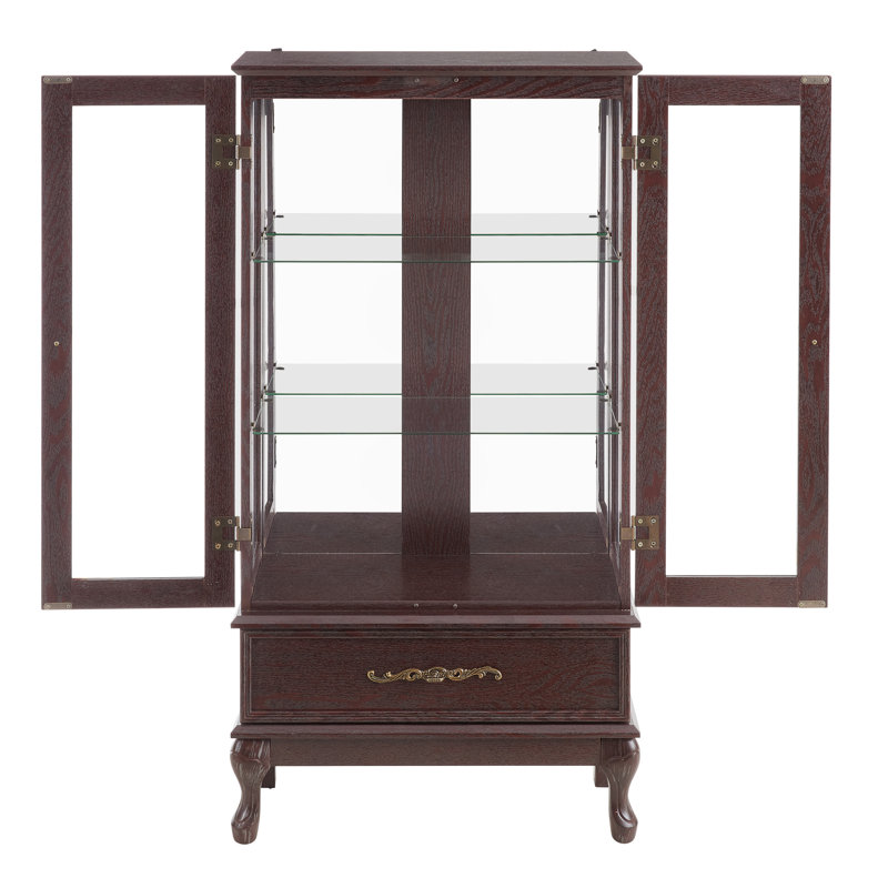 Lighted Glass Cabinet with Adjustable Glass Shelves 2 Doors and 1 drawer, 51.57" H x 25.98" W x 11.81" D, Espresso
