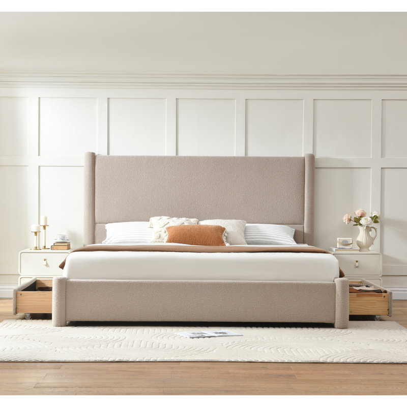 Lit plateforme Juanetta avec tête de lit de 131,6 cm (51,8 pouces) de haut, revêtement texturé en tweed et 2 grands tiroirs de rangement
