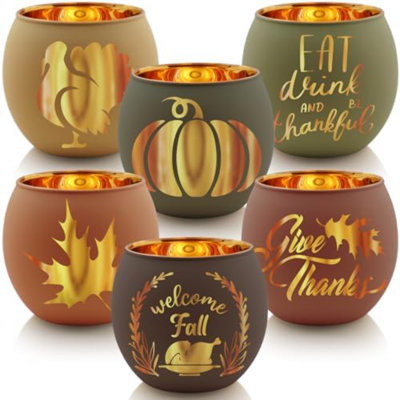 Thanksgiving Votive Candle Holder Set Of 12, Glass Tealight Votives Holder With 6 Laser Engraving Patterns, Fall Table Centerpiece Indoor Outdoor Décor